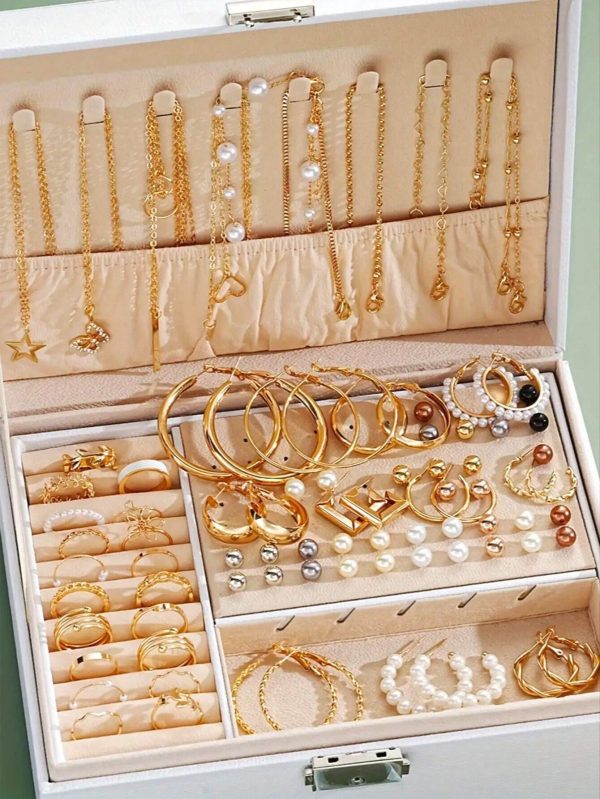 86pcs/Set Elegant Faux Pearl Earrings, Multi-Layered Necklace, Ear Studs, Rings 4-In-1 Jewelry Set For Women, Ideal For Daily Wear And Gifting